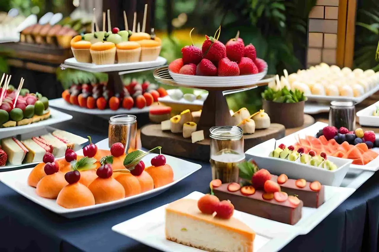 Un d&eacute;licieux buffet d&eacute;jeuner avec des fruits frais, des g&acirc;teaux et des cupcakes.
