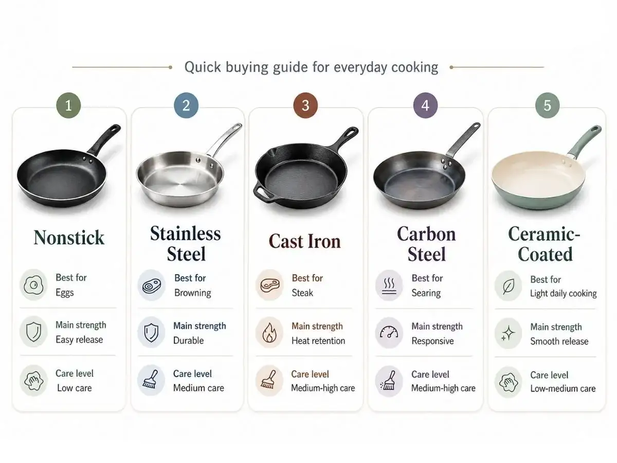Guide pour comment choisir une poêle : antiadhésive, inox, fonte, acier carbone, céramique. Chaque type a ses avantages pour la cuisson.