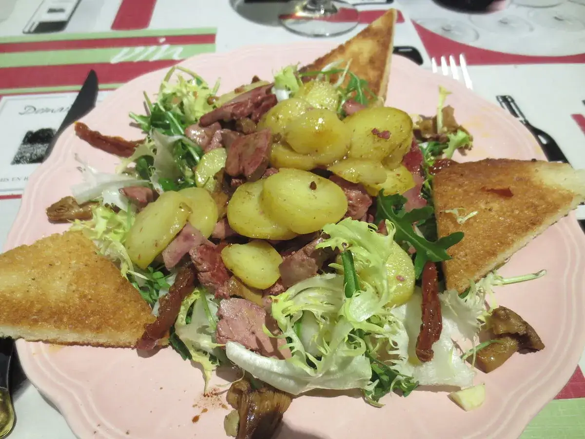 Salade périgourdine avec pommes de terre, magret, toasts grillés et quelques champignons. Quel vin avec une salade périgourdine ?
