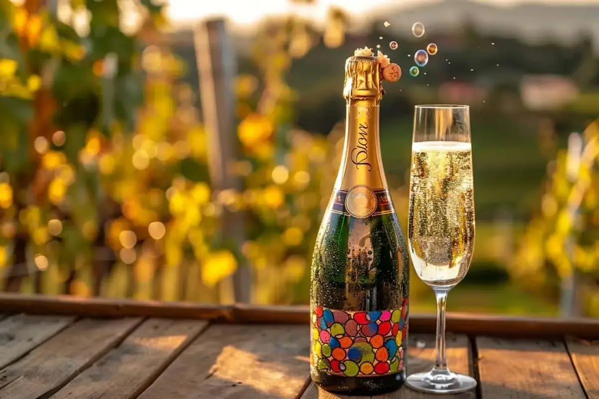 Bouteille de prosecco et verre pétillant sur une table en bois, avec des bulles s'échappant. Le débat prosecco vs champagne est lancé !