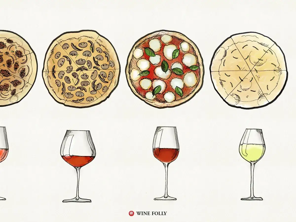 Quatre pizzas illustrées, de gauche à droite : garniture à la viande, aux champignons, margherita, et une pizza blanche. Dessous, des verres de vin rouge et blanc. Quel vin avec pizza ?