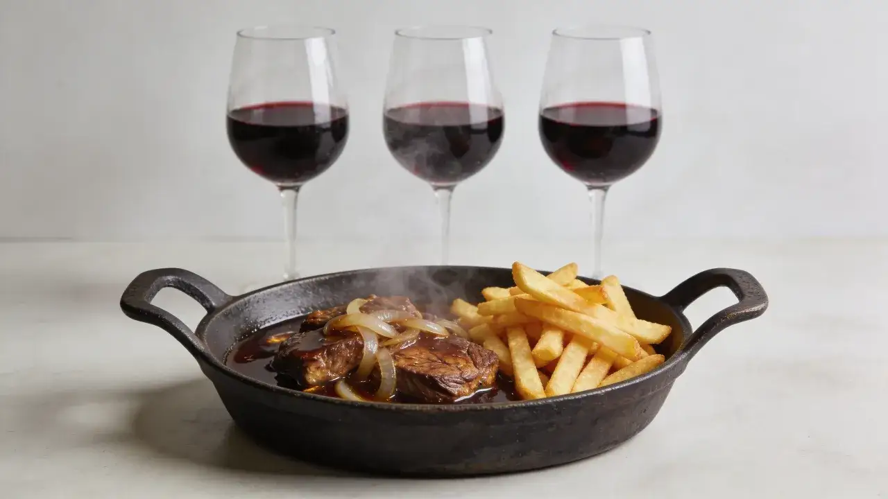 Carbonade flamande fumante avec frites, accompagnée de trois verres de vin rouge. Quel vin avec carbonade flamande ? Un rouge corsé, bien sûr !