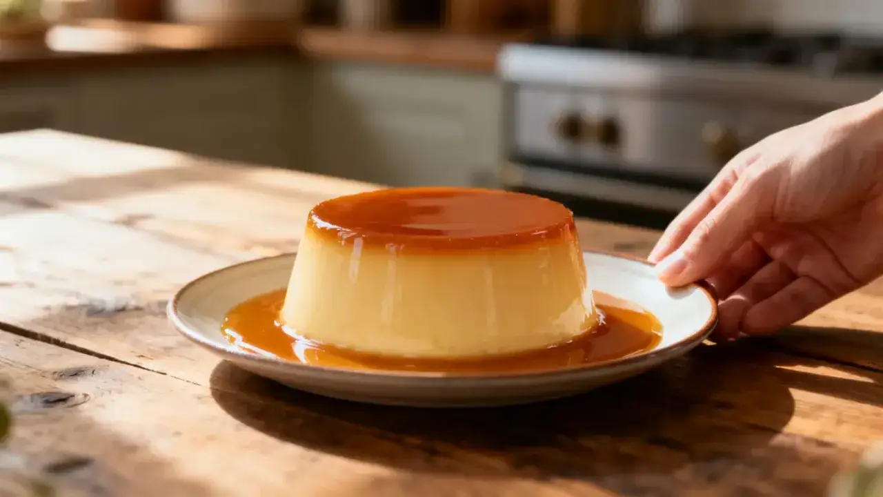 Une main saisit une assiette de flan onctueux, nappé d'un généreux caramel brûlé, prêt à être dégusté.
