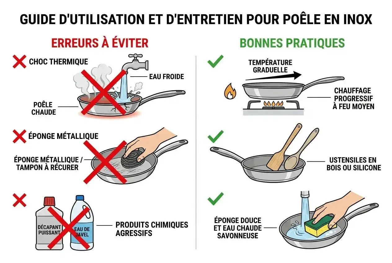 Guide pour nettoyer poêle en inox : éviter choc thermique, éponge métallique, produits agressifs. Privilégier chauffe progressive, ustensiles bois/silicone, éponge douce.
