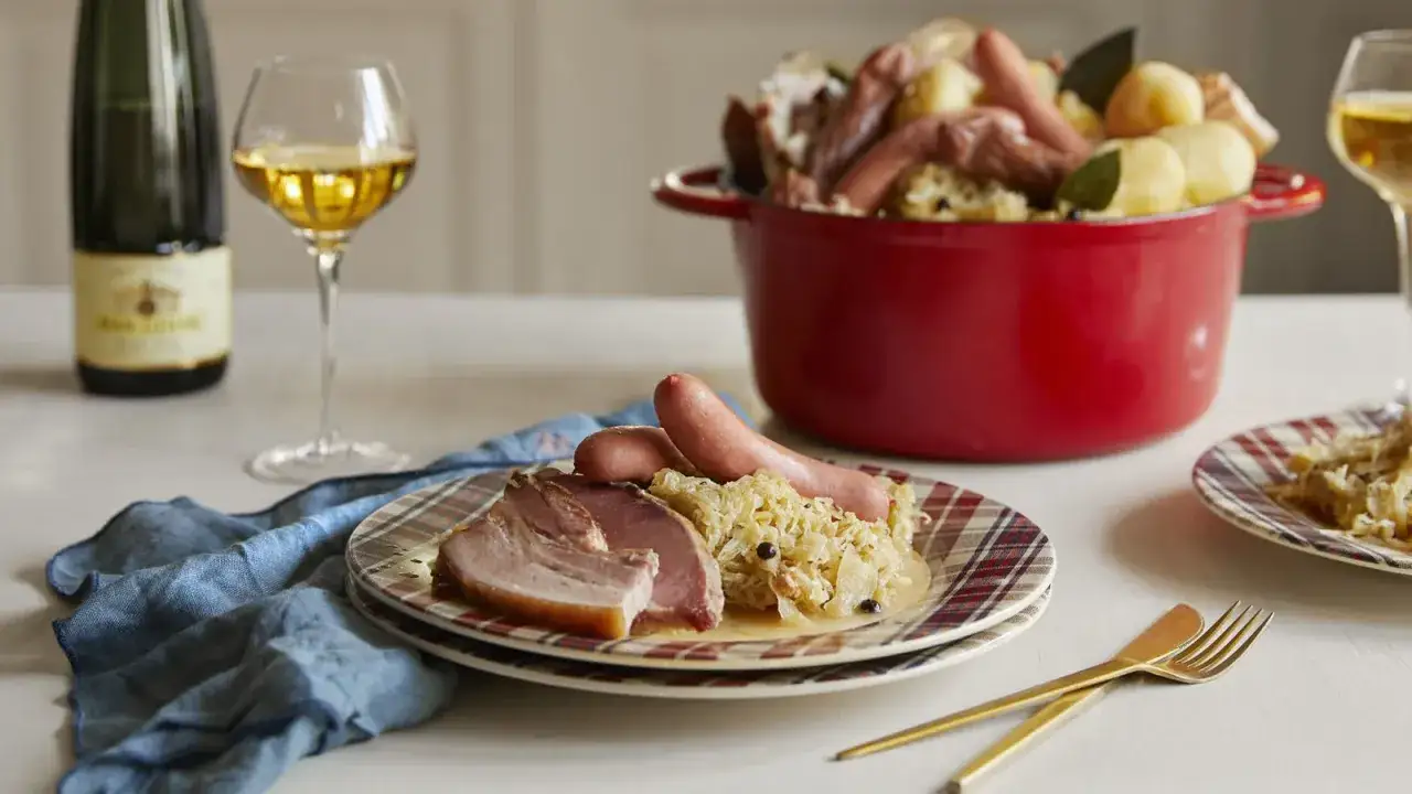 Une assiette de choucroute garnie avec saucisses et lard, accompagnée d'une bouteille de vin blanc. La question : que boire avec une choucroute ?
