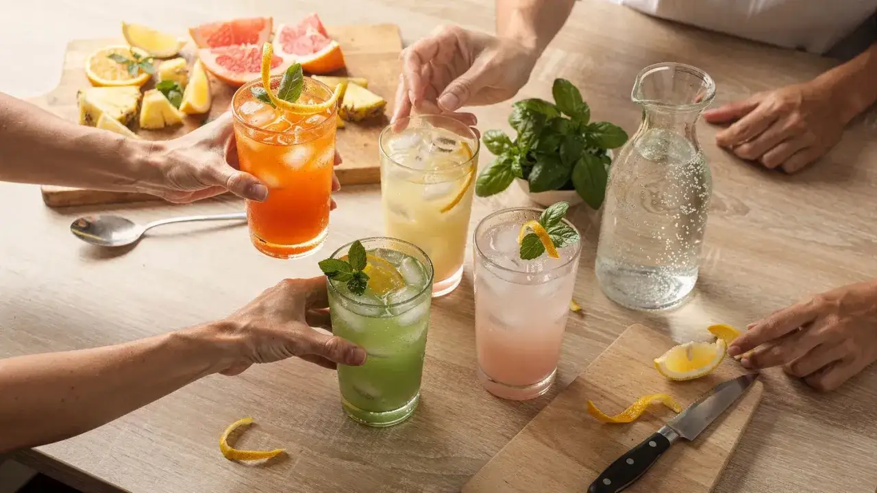 Quatre verres de boisson sans alcool colorée, garnie de menthe et d'agrumes, prêts à accompagner un repas.