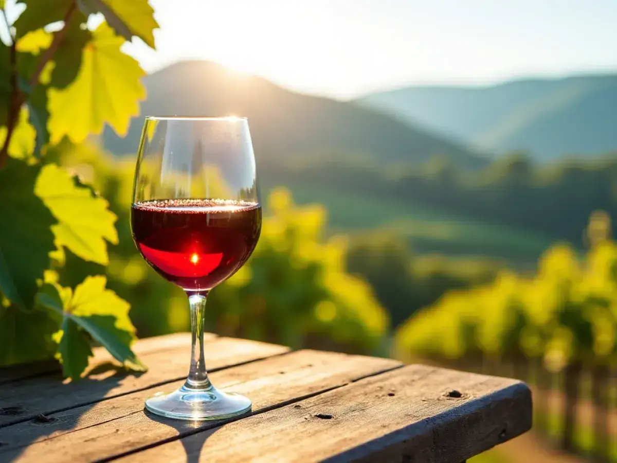 Verre de vin rouge, un millésime Barolo, sur une table en bois, avec des vignes et des collines ensoleillées en arrière-plan.