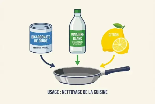 Utilisez bicarbonate de soude, vinaigre blanc et citron pour dégraisser une poêle. Nettoyage de cuisine facile et naturel.