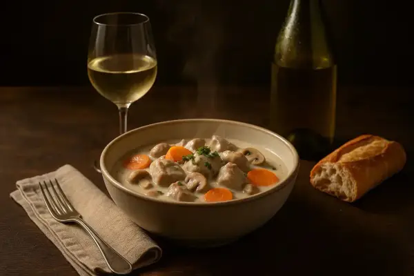 Blanquette de veau crémeuse avec carottes et champignons, accompagnée d'un verre de vin d'Alsace. Quel vin d'Alsace avec une blanquette de veau ? Un Riesling sec serait parfait.
