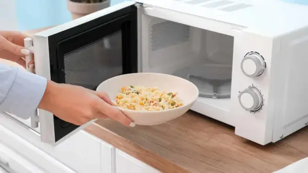 Une main place un bol de riz aux légumes dans un micro-ondes. Ce bol en mélamine est parfait pour réchauffer vos plats au micro-onde.