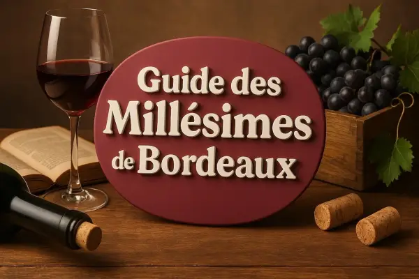 Guide des Millésimes de Bordeaux : un verre de vin rouge, une bouteille, un livre ouvert, des raisins noirs et des bouchons sur une table en bois.